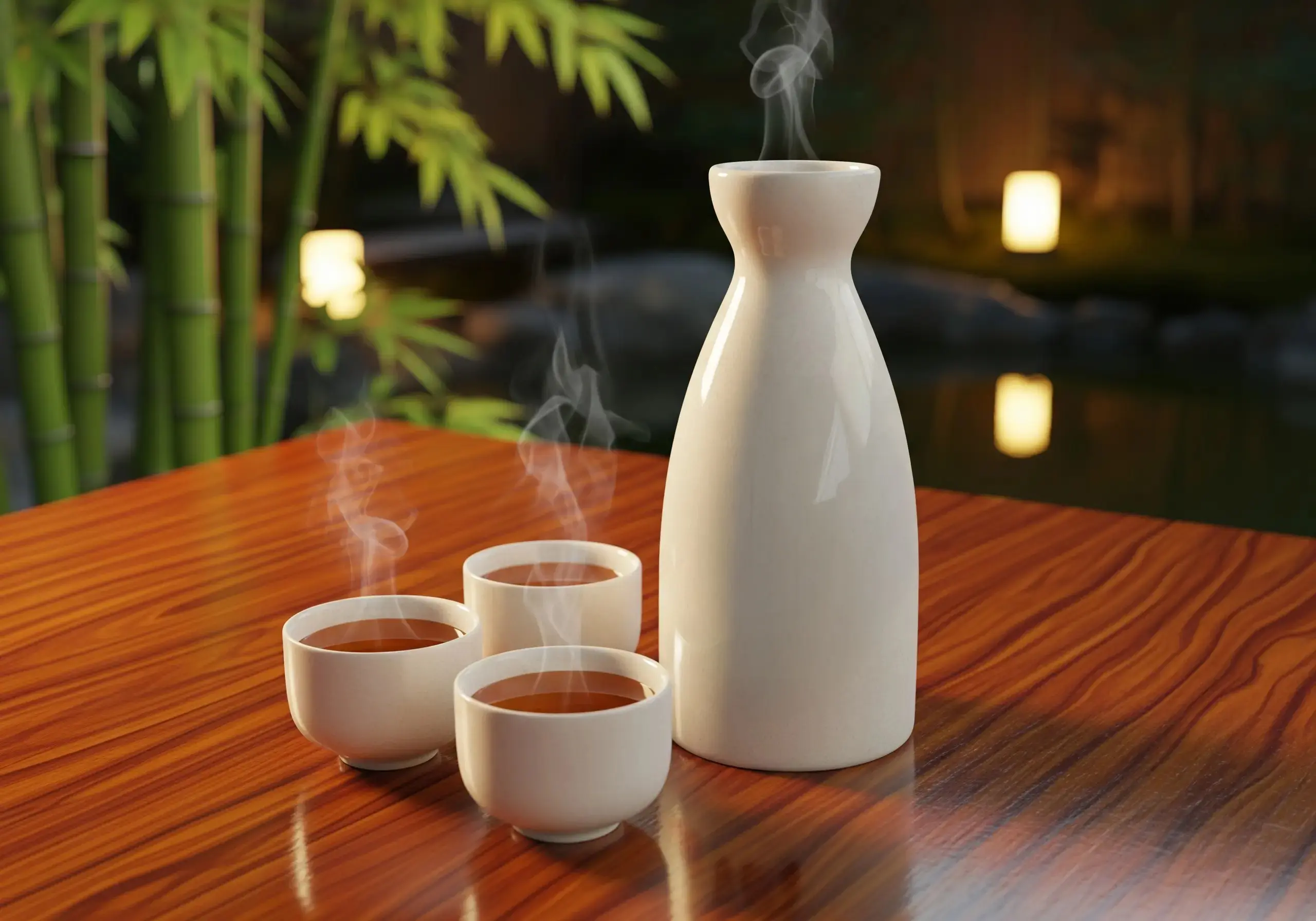 Composition de bouteilles de saké et d'ochoko placées sur une table en bois