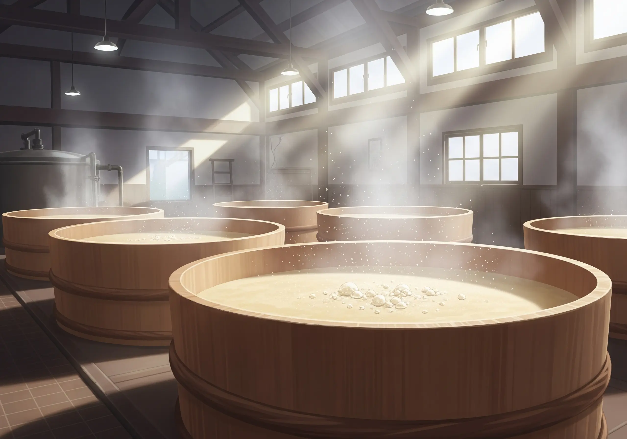 Steam rising from brewery tanks with bubbles forming from fermenting moromi in the gentle morning light of the brewery