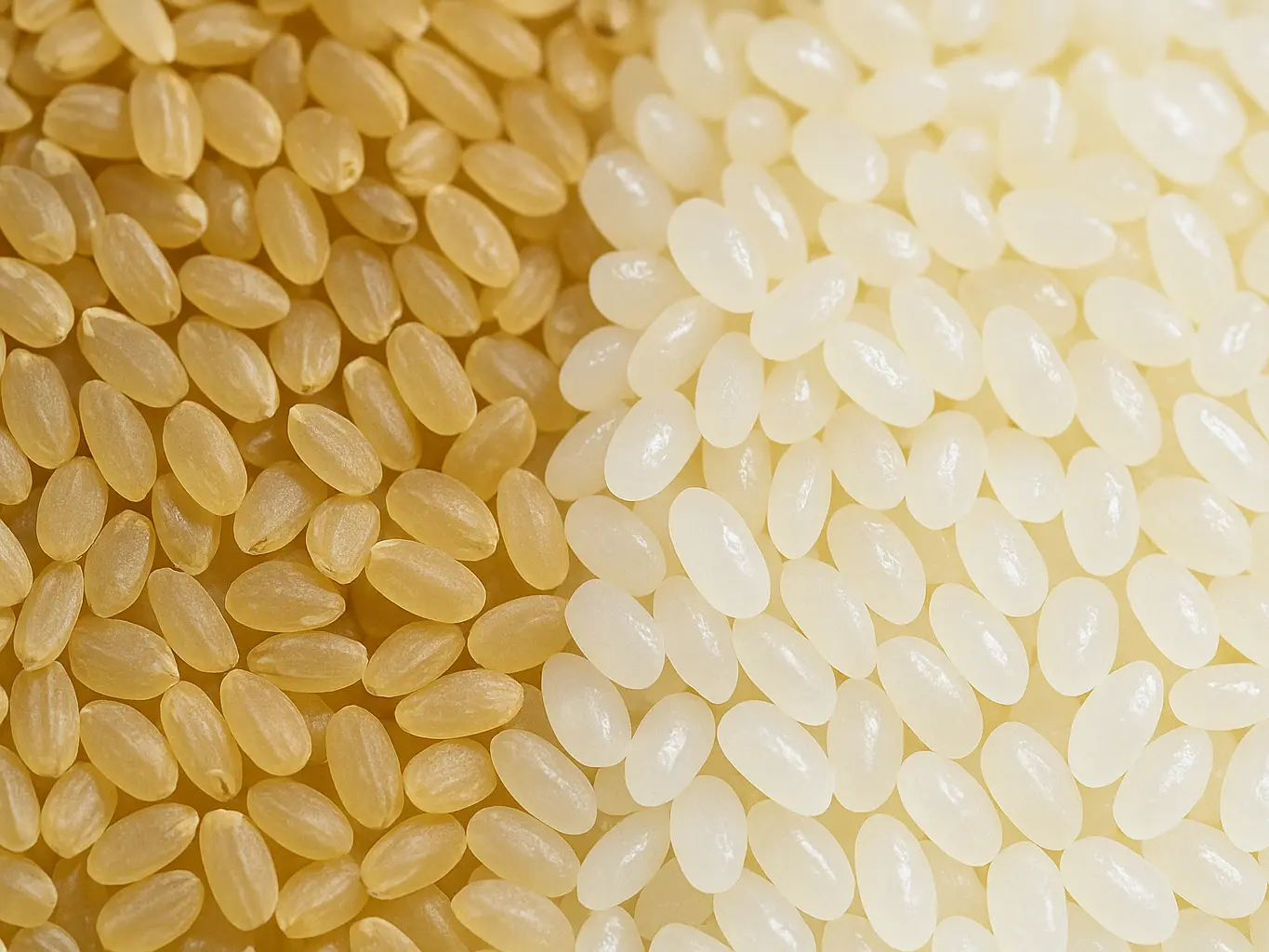 Diagramme comparant quatre types de riz à saké (Yamada-nishiki, Gohyakumangoku, Omachi, Miyama-nishiki) disposés côte à côte, avec des sections transversales agrandies des grains