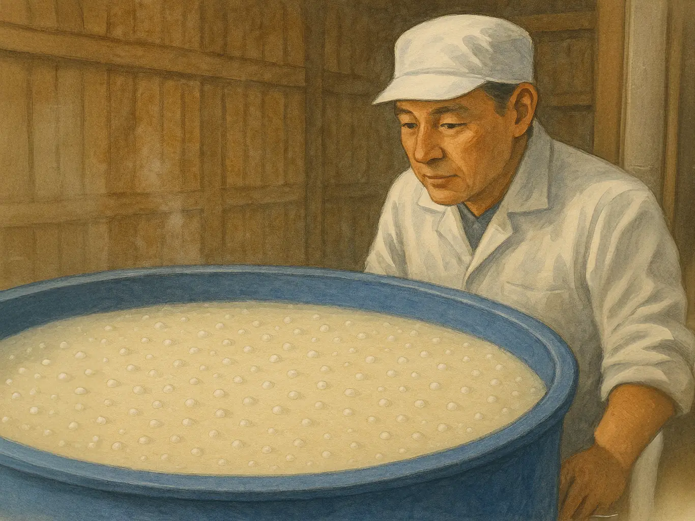 Grandes cuves contenant le moromi avec des bulles se formant, montrant les artisans observant le processus