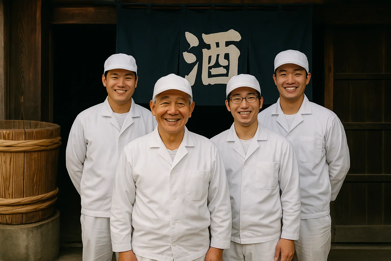 Toji (maître brasseur) et ouvriers de brasserie souriants devant la brasserie, avec des barils en bois et des noren de brasserie visibles en arrière-plan