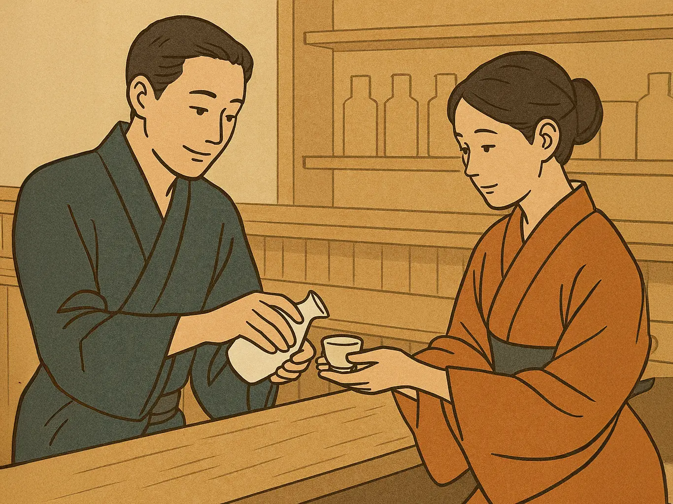 Personnes en kimono traditionnel se servant soigneusement du saké mutuellement