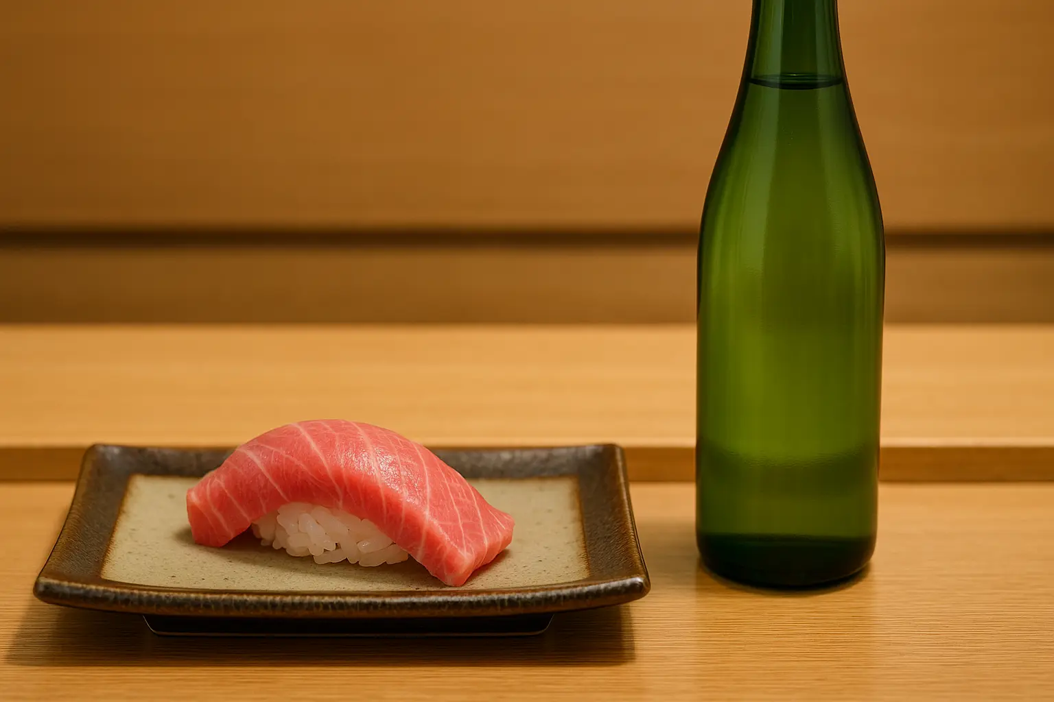 Fatty tuna sushi and kimoto junmai
