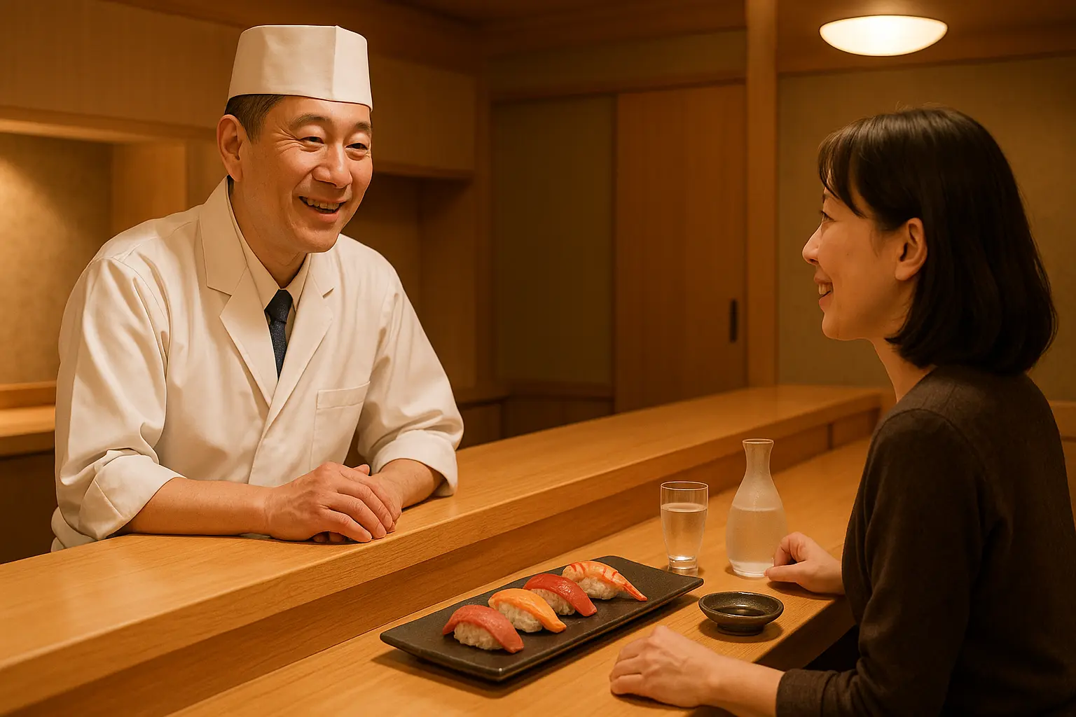Counter enjoying conversation with sushi chef