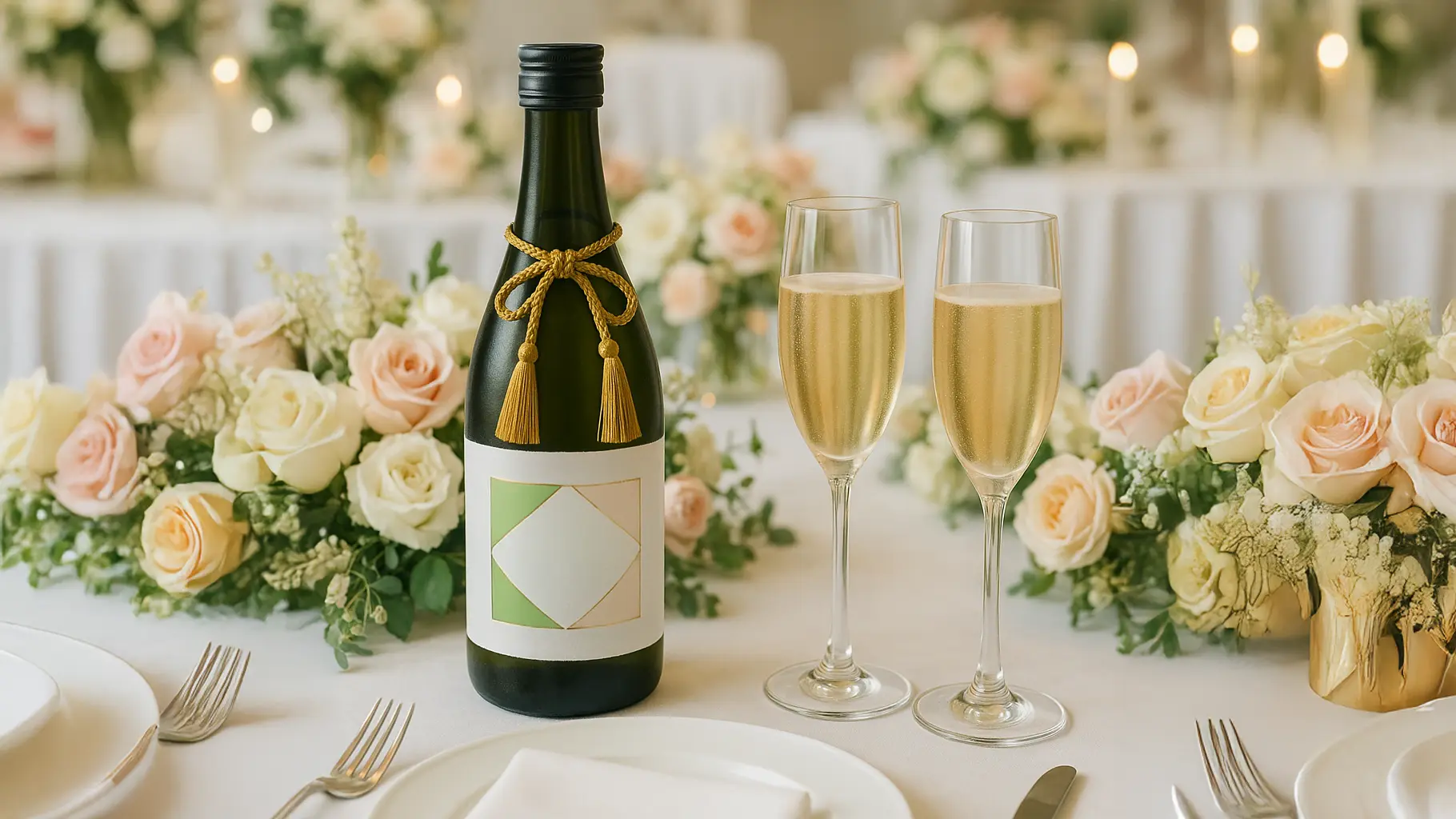 結婚祝いの贈り物として選ばれた高級日本酒とウェディングテーブルに並ぶ乾杯グラス