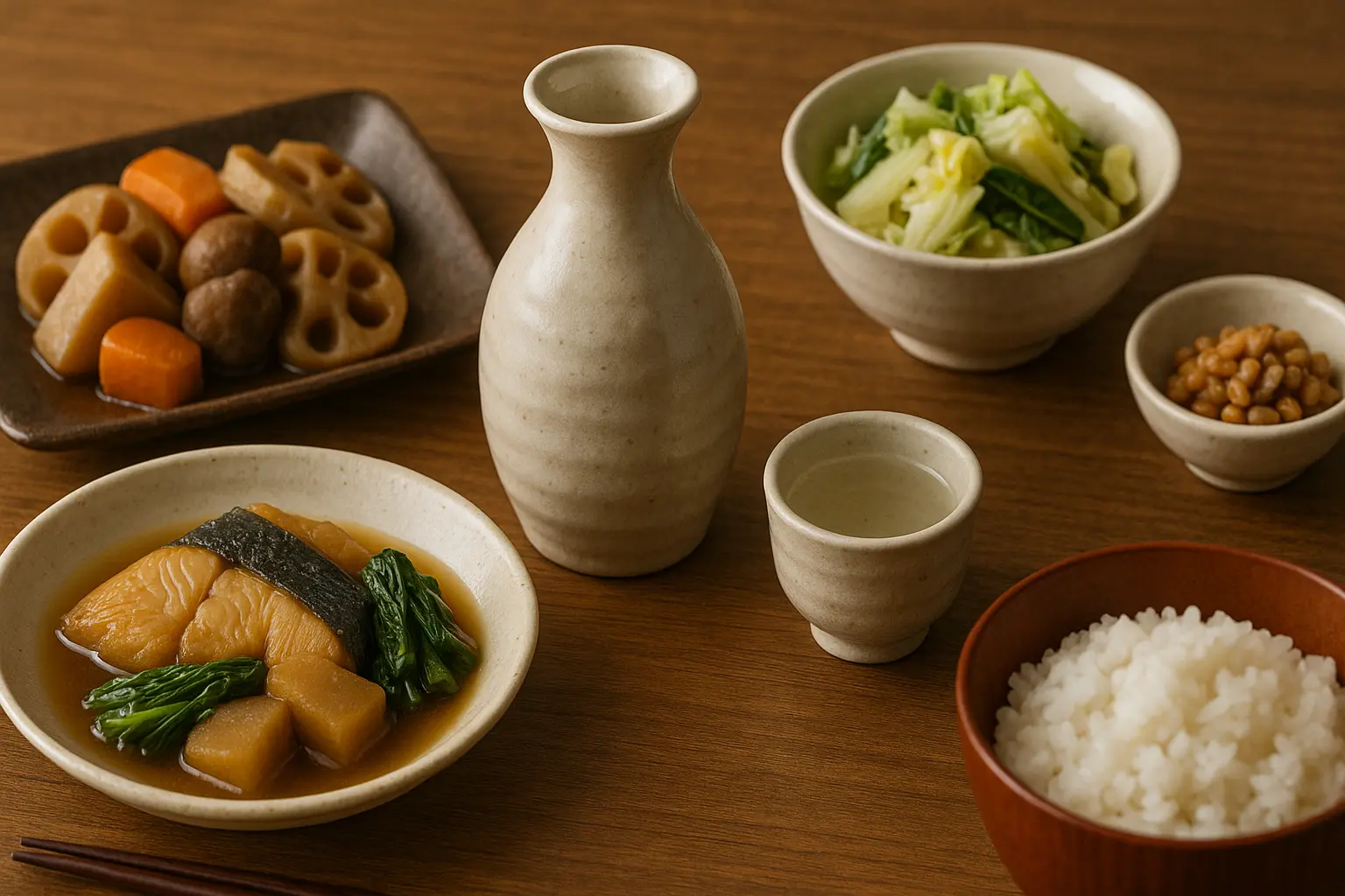 お中元・お歳暮ギフトに適した燗酒文化を表す伝統的な徳利とお猪口の冬の食卓